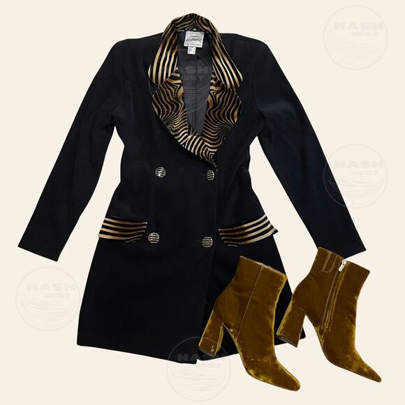 Joseph Ribkoff 4 Black Gold Zebra Stripe Romper | Long Sleeve, Vintage Blazer - Picture 1 of 5